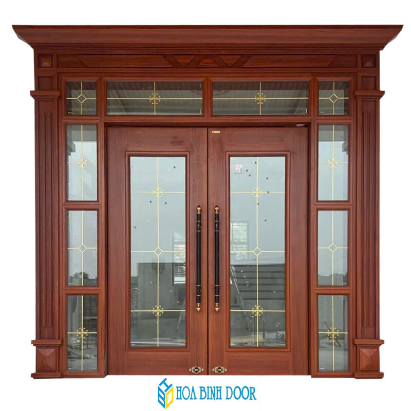 Cửa thép vân gỗ thủy lực Luxury KLT-3VK kính nan đồng