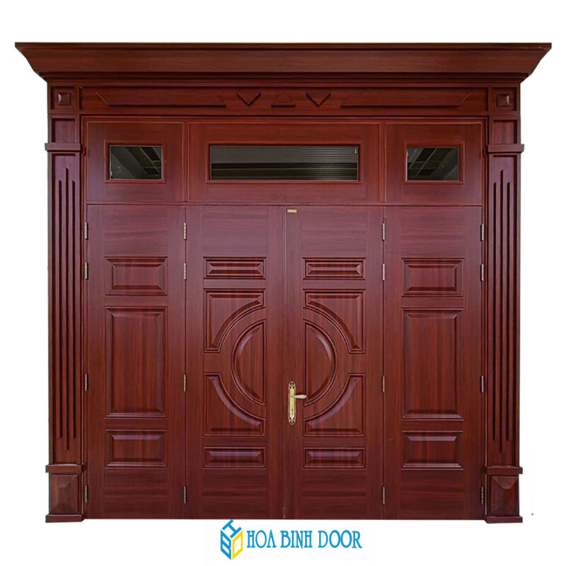 Cửa thép vân gỗ 4 cánh đều màu vân gỗ cẩm lai