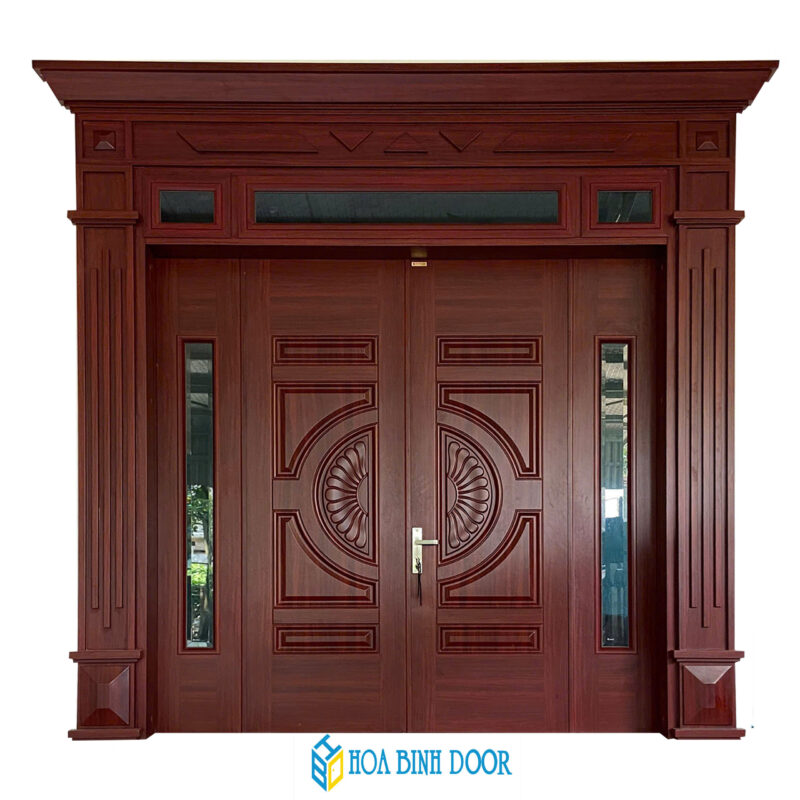 Cửa thép vân gỗ 4 cánh lệch màu vân gỗ cẩm lai