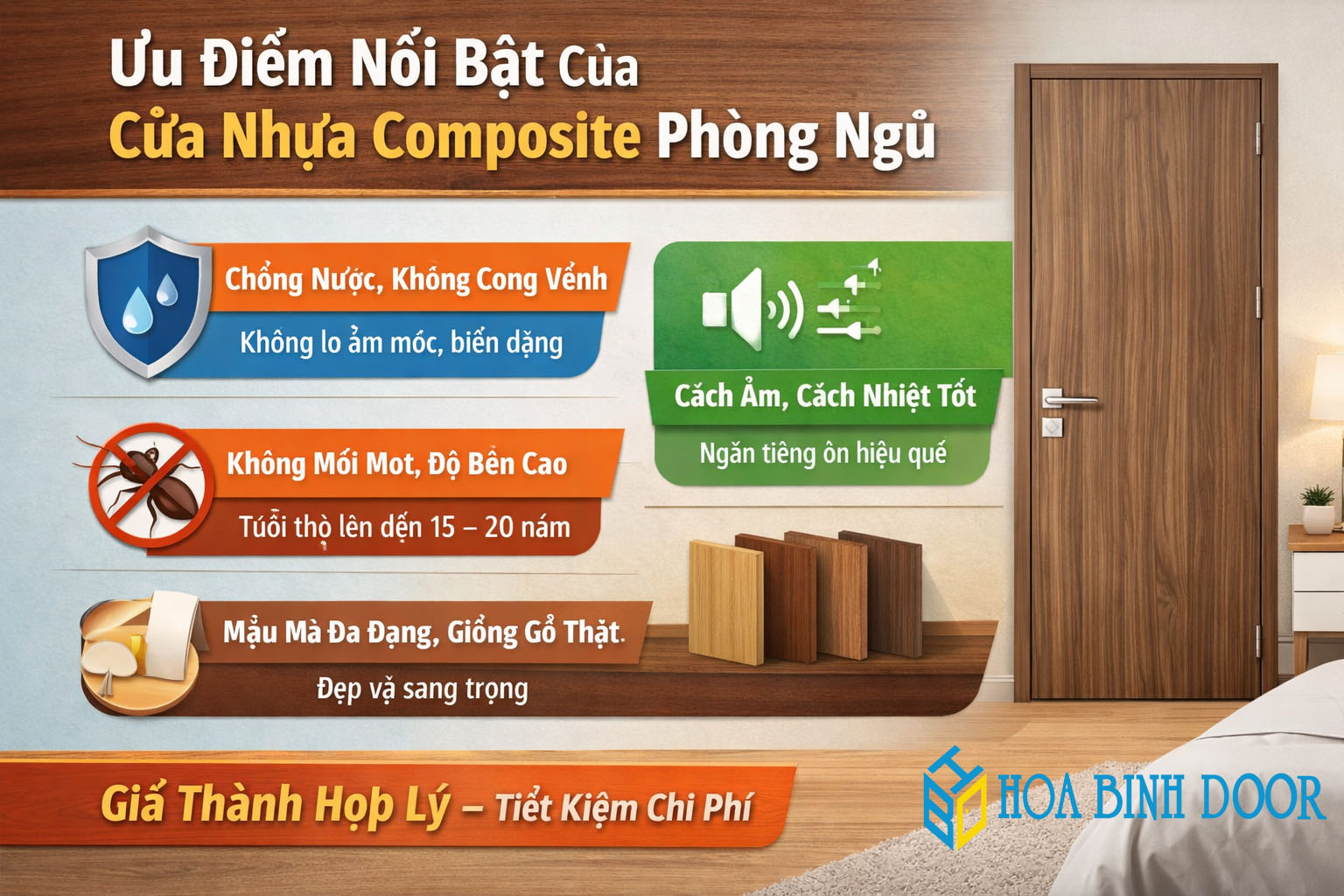 Cửa nhựa composite phòng ngủ | Mẫu & Giá cửa nhựa phòng ngủ