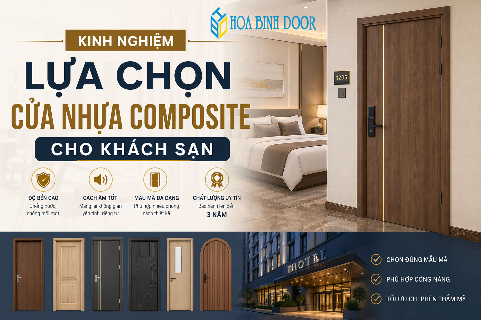 Mẫu cửa nhựa compsite cho khách sạn bền đẹp | Bảo hành 3 năm