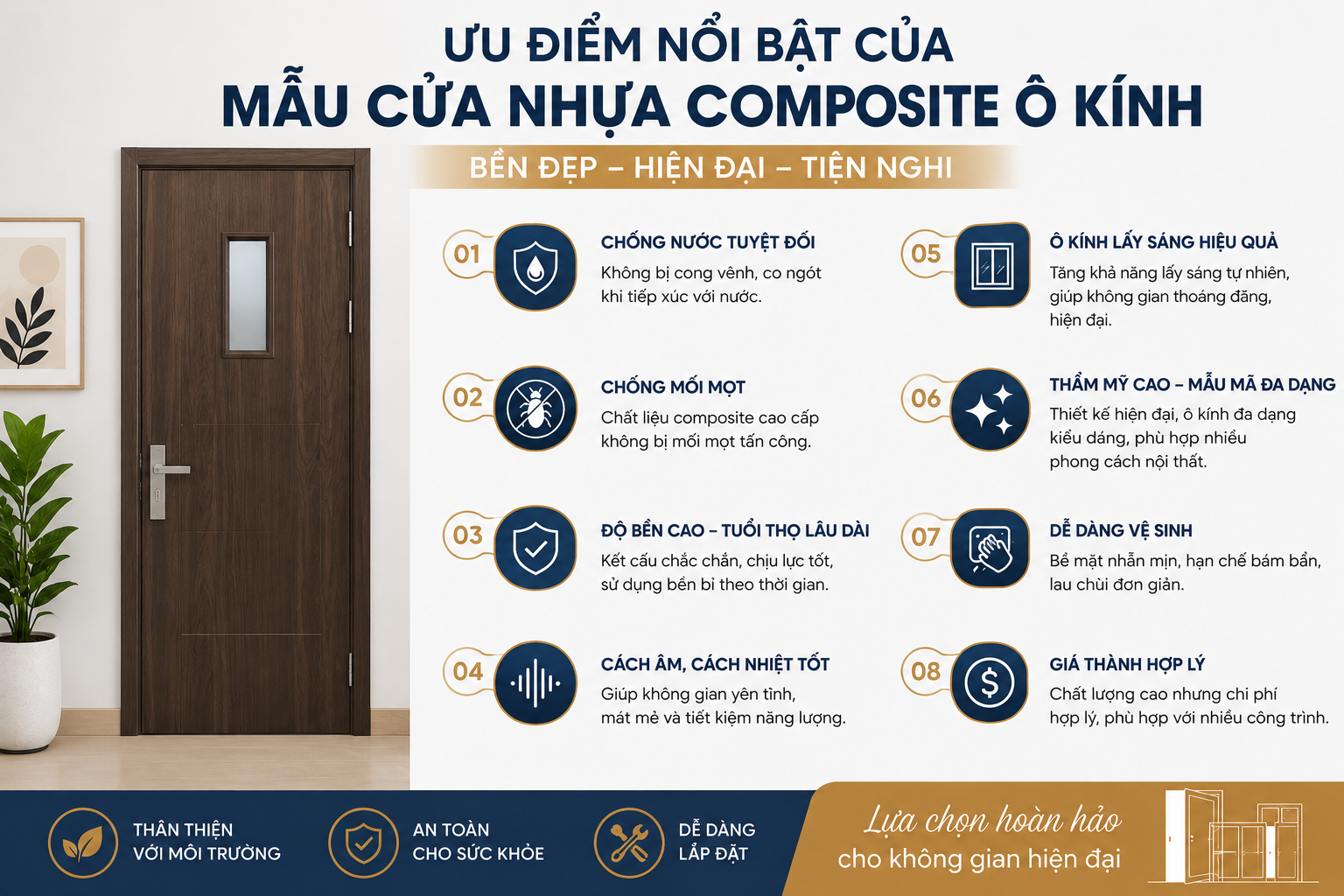 Mẫu cửa nhựa compsite ô kính đẹp hiện đại năm 2026